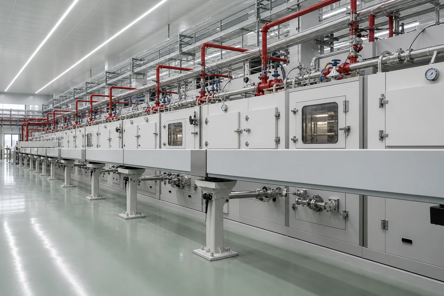 Long separator-film stretching and drying line with real utility piping and process hardware