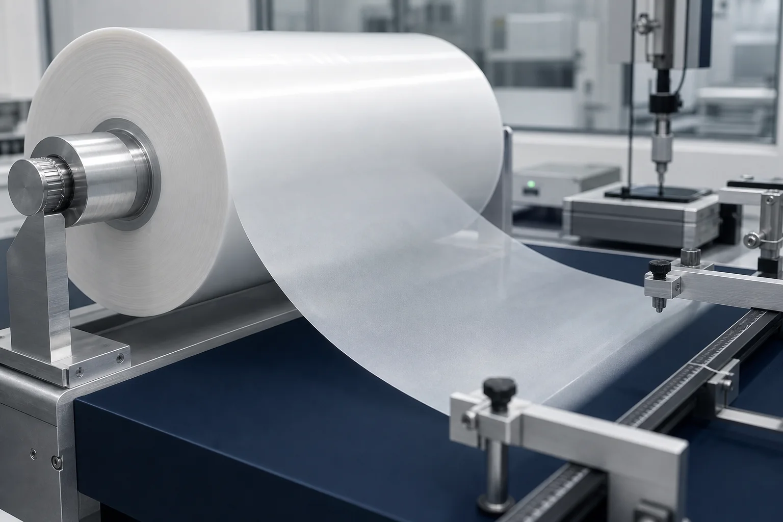Wet-process polyethylene separator film roll on a precision inspection stand