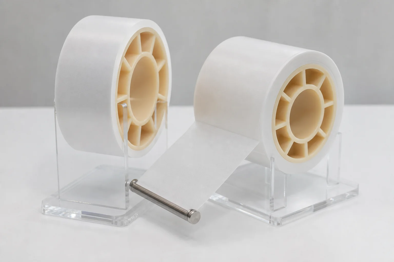 Two wet-process PE separator rolls displayed with a thin membrane sample